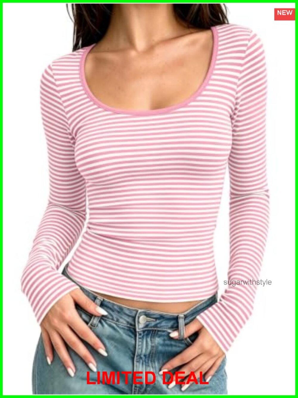 Long Sleeve Scoop Neck Striped Crop Top Slim Fit Y2K Preppy Going Out Shirt